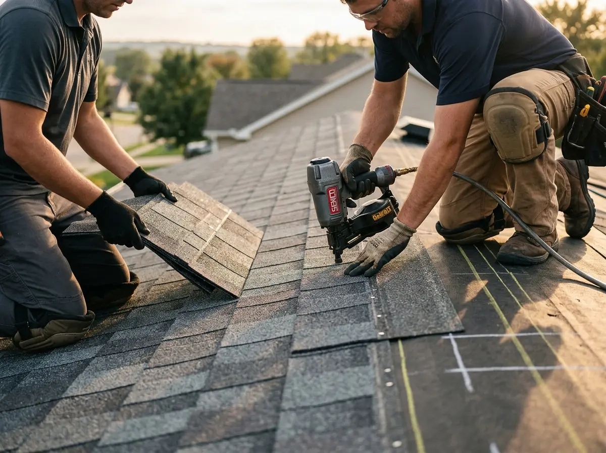 Professional roofer working on a residential roof in Sayre